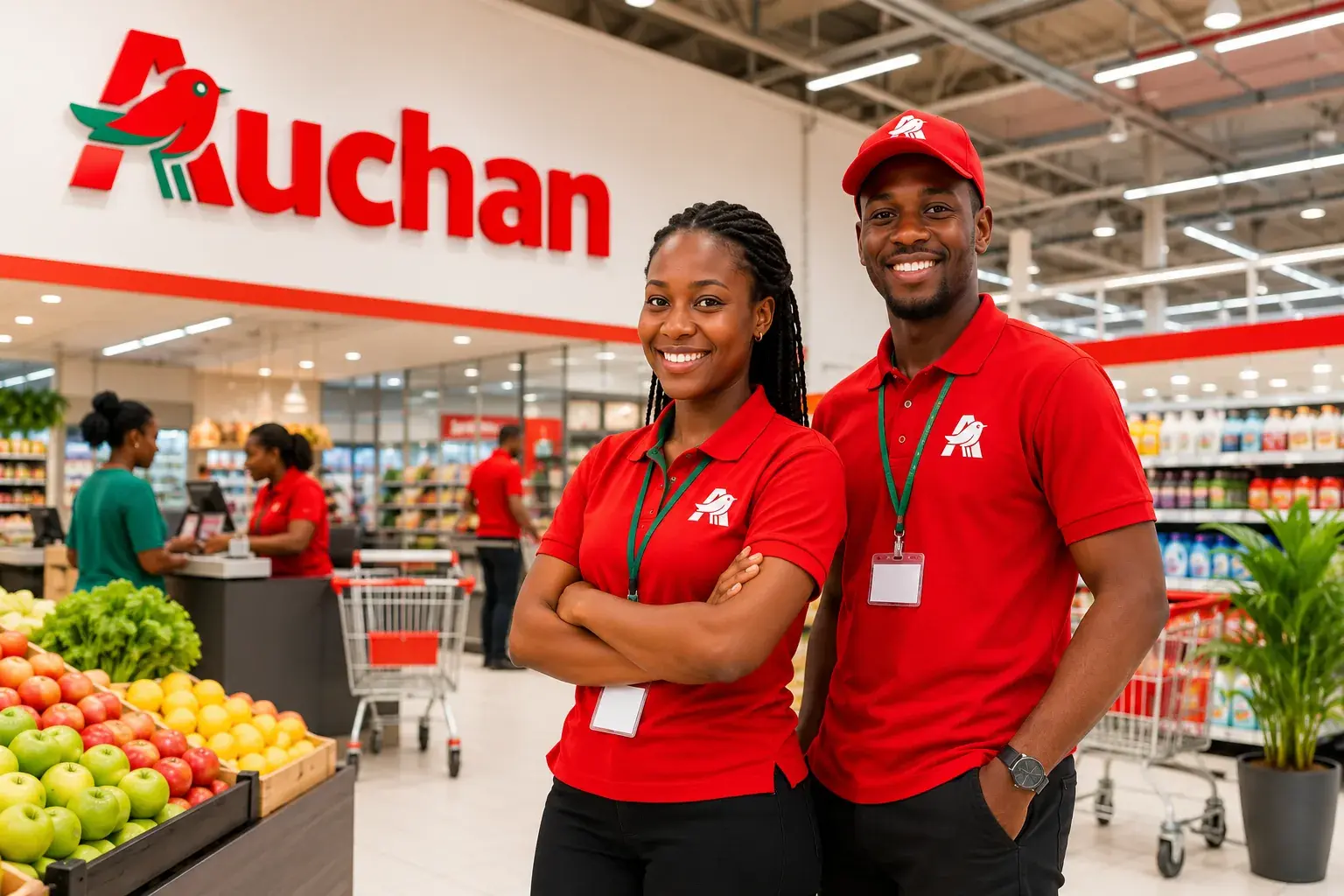 Deux employés Auchan Sénégal souriants en polo rouge devant le logo de l'enseigne, dans un supermarché