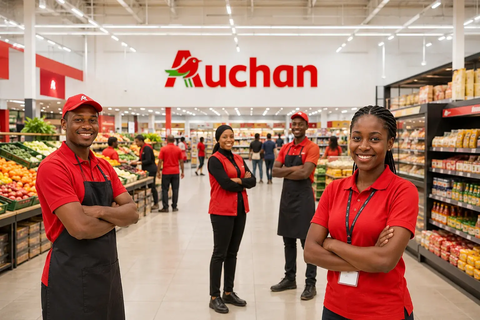 Équipe d'Auchan Sénégal souriante en magasin, employés en polo rouge et tabliers parmi les rayons de fruits et légumes